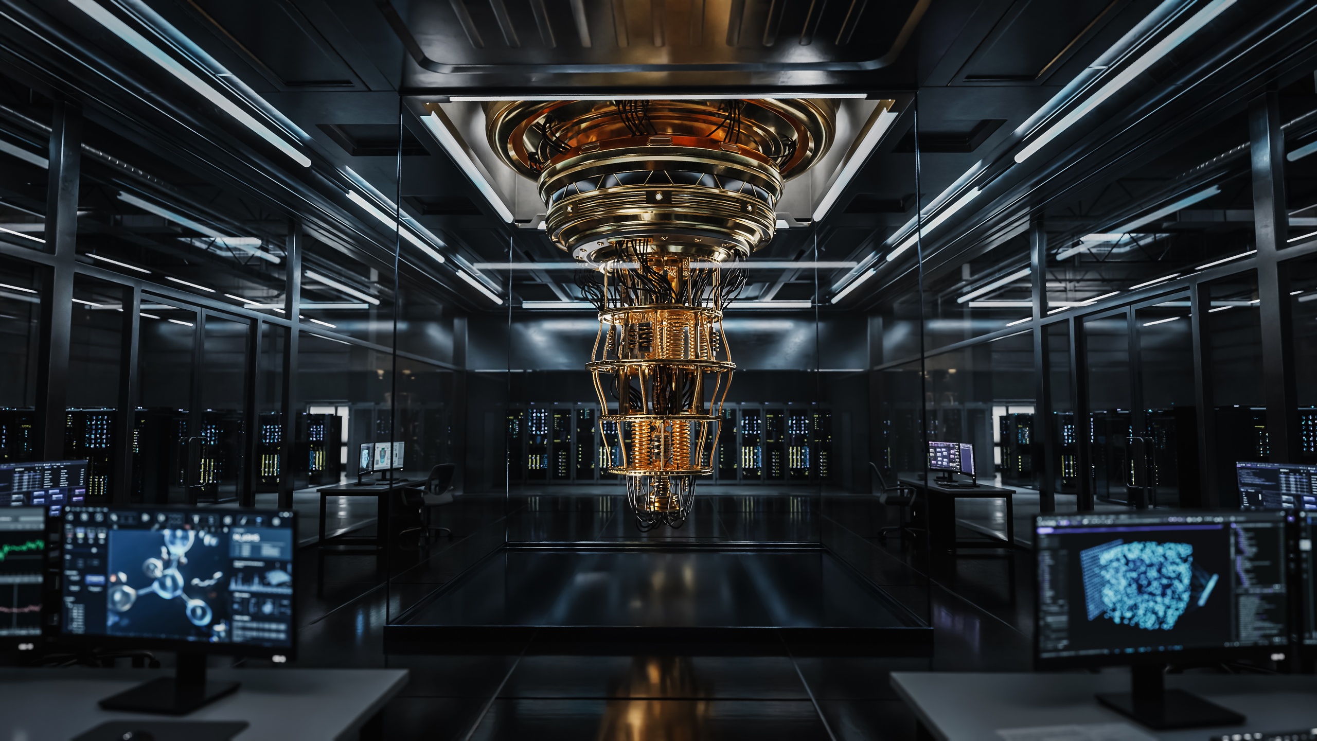 Quantum computing facility interior with central dilution refrigerator and surrounding compute racks, illustrating the regulated AI infrastructure XEROTECH builds for UK organisations